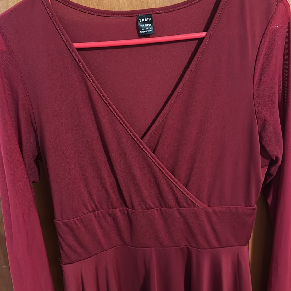 SHEIN Mesh Sleeve Knee Length Dress - Burgundy - Picture 7 of 9